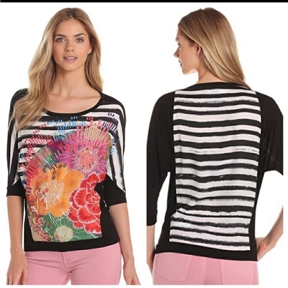 Desigual Striped Black White Floral Dolman Top S